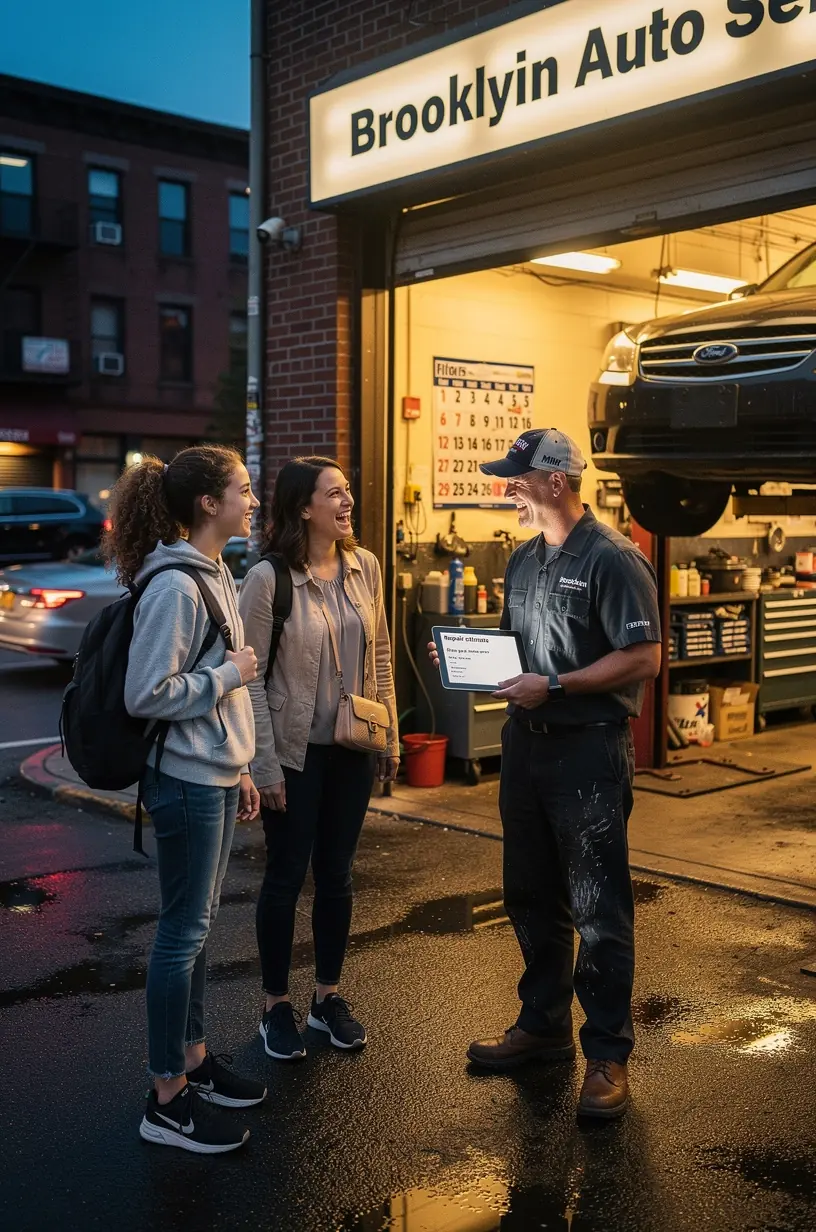 Customer receiving a clear, detailed vehicle repair estimate on a digital tablet at a New York City auto shop.